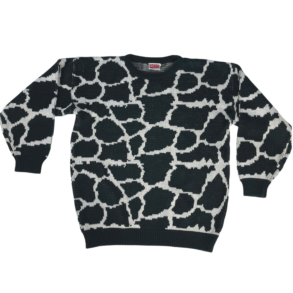 Vintage 80s Sweater Black White Giraffe Print Women Sz Small Animal Jungle Funky